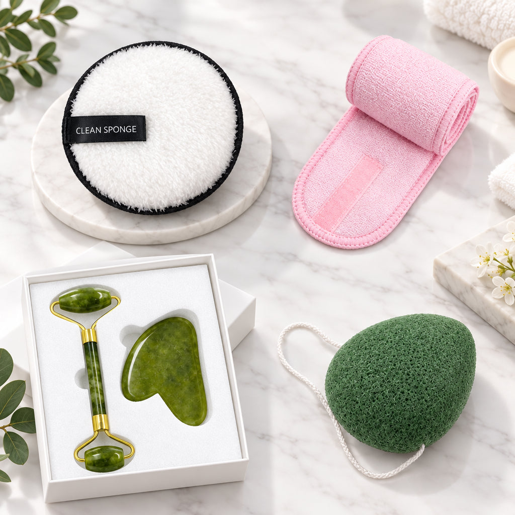 Glow Ritual Spa Gift Set: facial roller and gua sha gift box with pink headband, puffs and konjac sponge