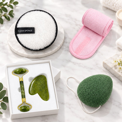 Glow Ritual Spa Gift Set: facial roller and gua sha gift box with pink headband, puffs and konjac sponge